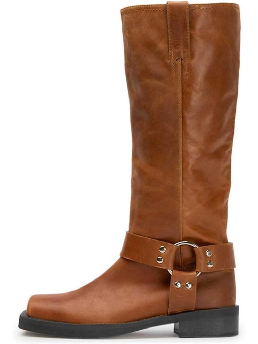 Women's Brown Knee High Boots Square toe Low Heel Buckle Boots Pull-On Wide Calf